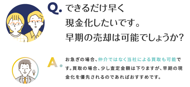 できるだけ早く現金化したいです。早期の売却は可能でしょうか？